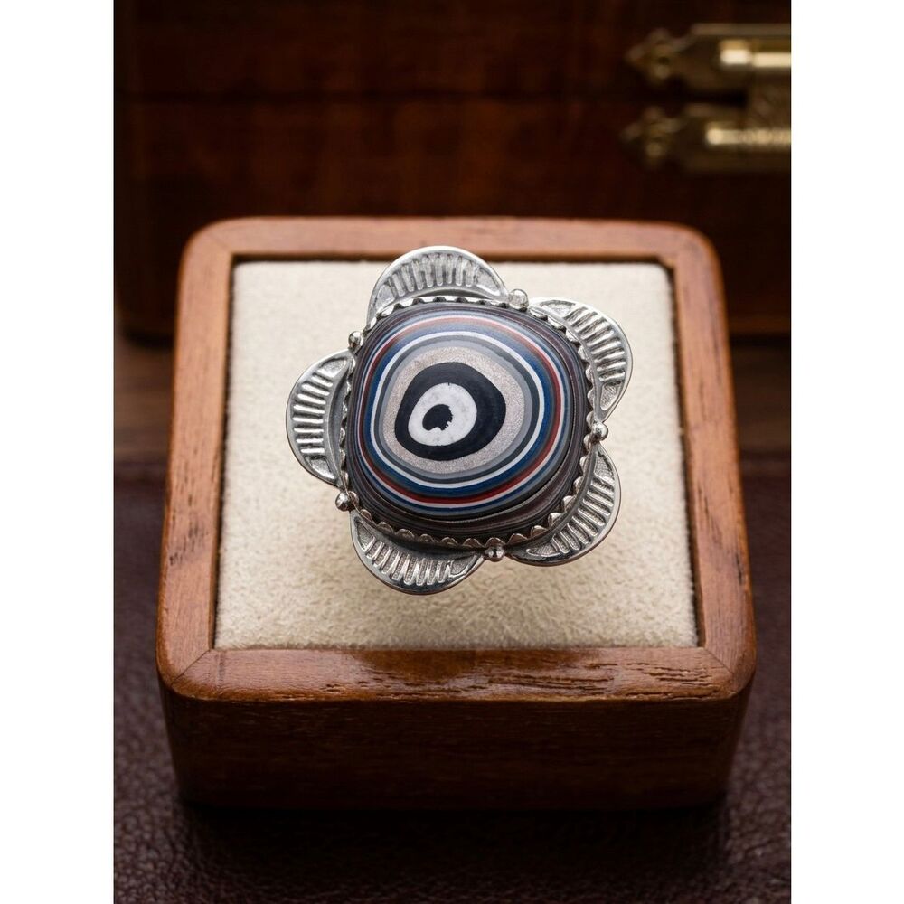Vintage Sterling Silver Fordite Statement Ring Handcrafted Scalloped Setting Sz